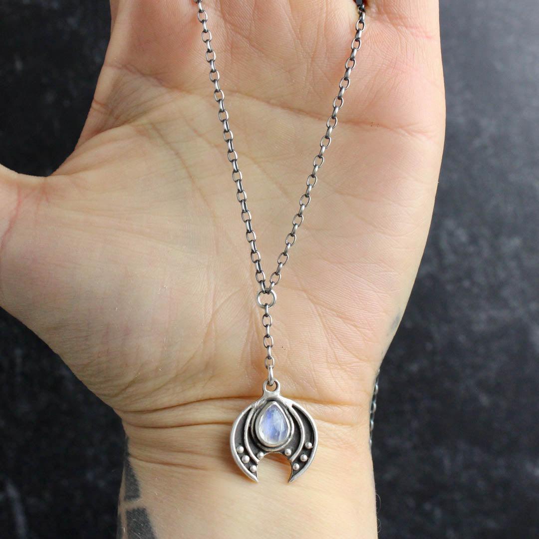 Crescent Moon Lariat Necklace // Rainbow Moonstone - Acid Queen Jewelry