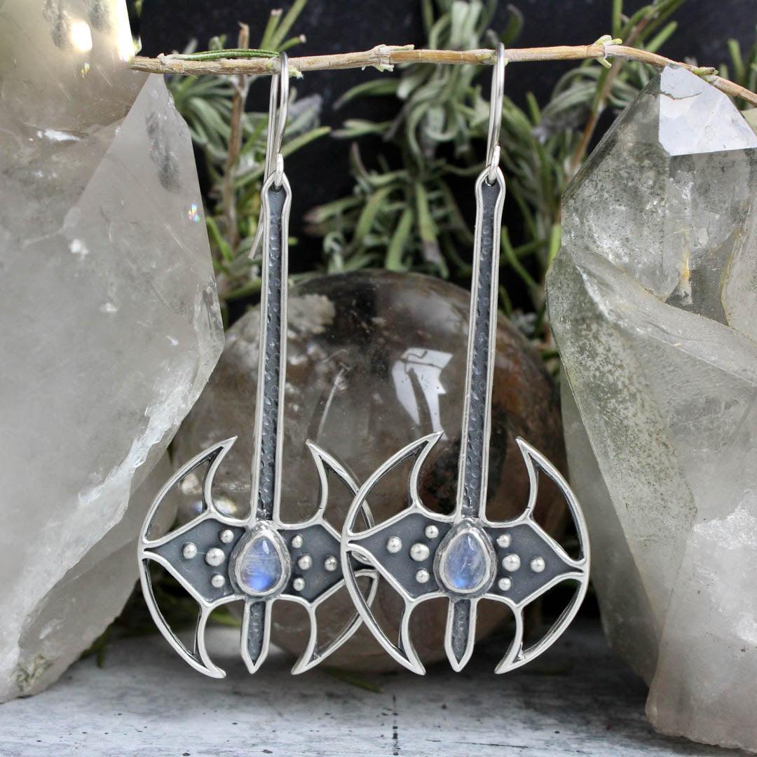 Battle Axe Dangle Earrings // Rainbow Moonstone - Acid Queen Jewelry