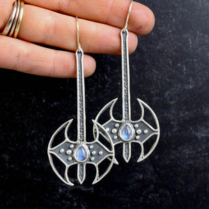 Battle Axe Dangle Earrings // Rainbow Moonstone