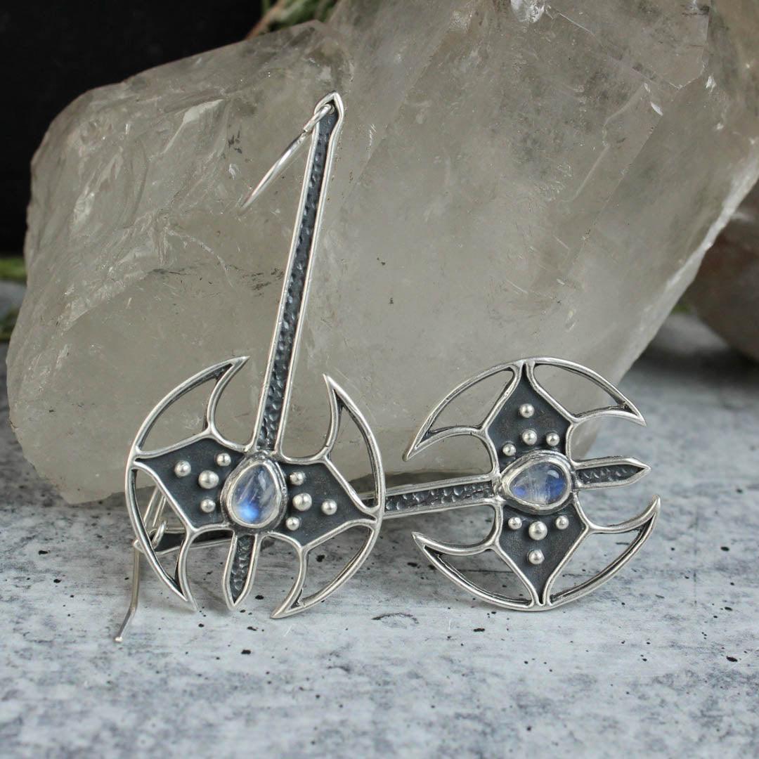 Battle Axe Dangle Earrings // Rainbow Moonstone - Acid Queen Jewelry