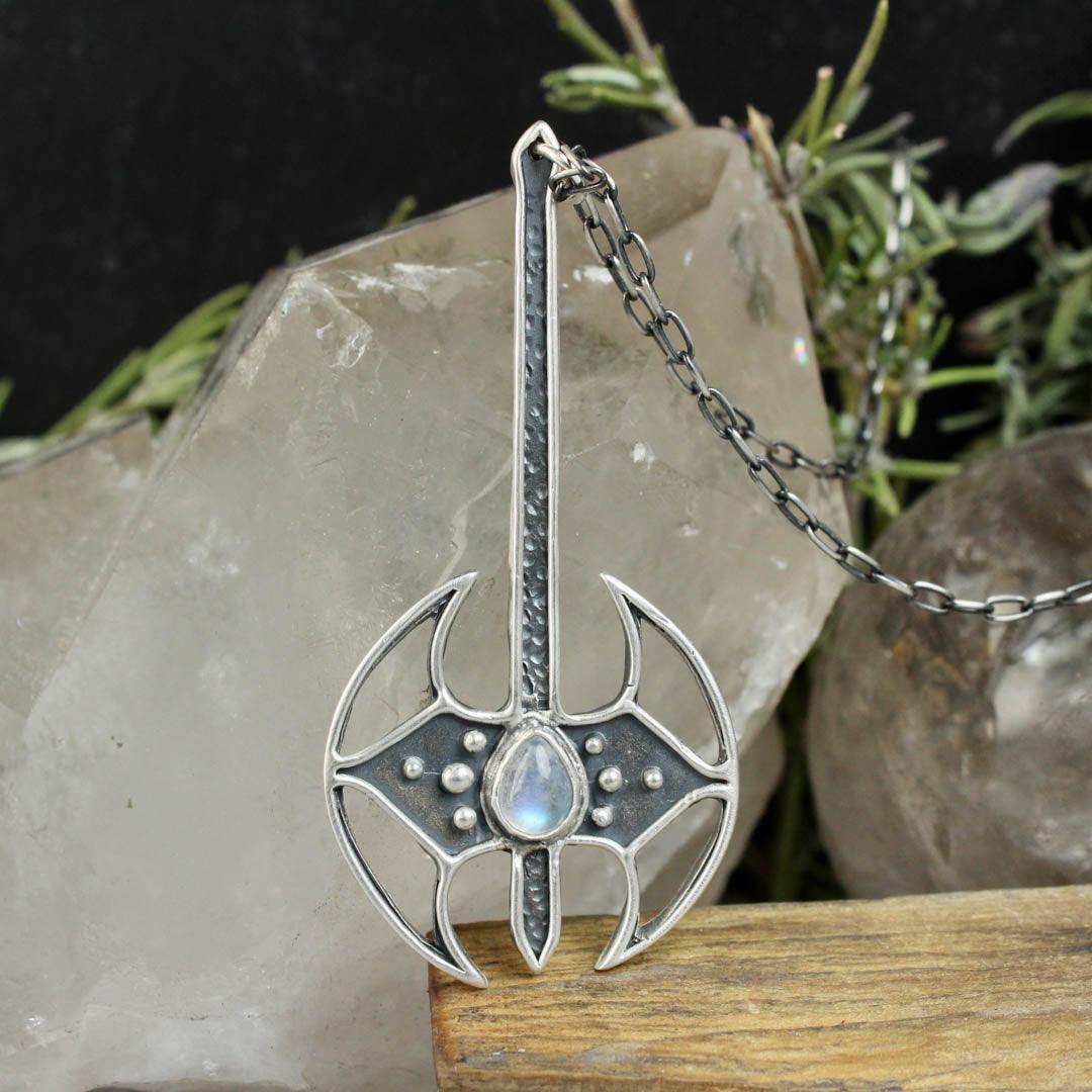 Battle Axe Necklace // Rainbow Moonstone - Acid Queen Jewelry