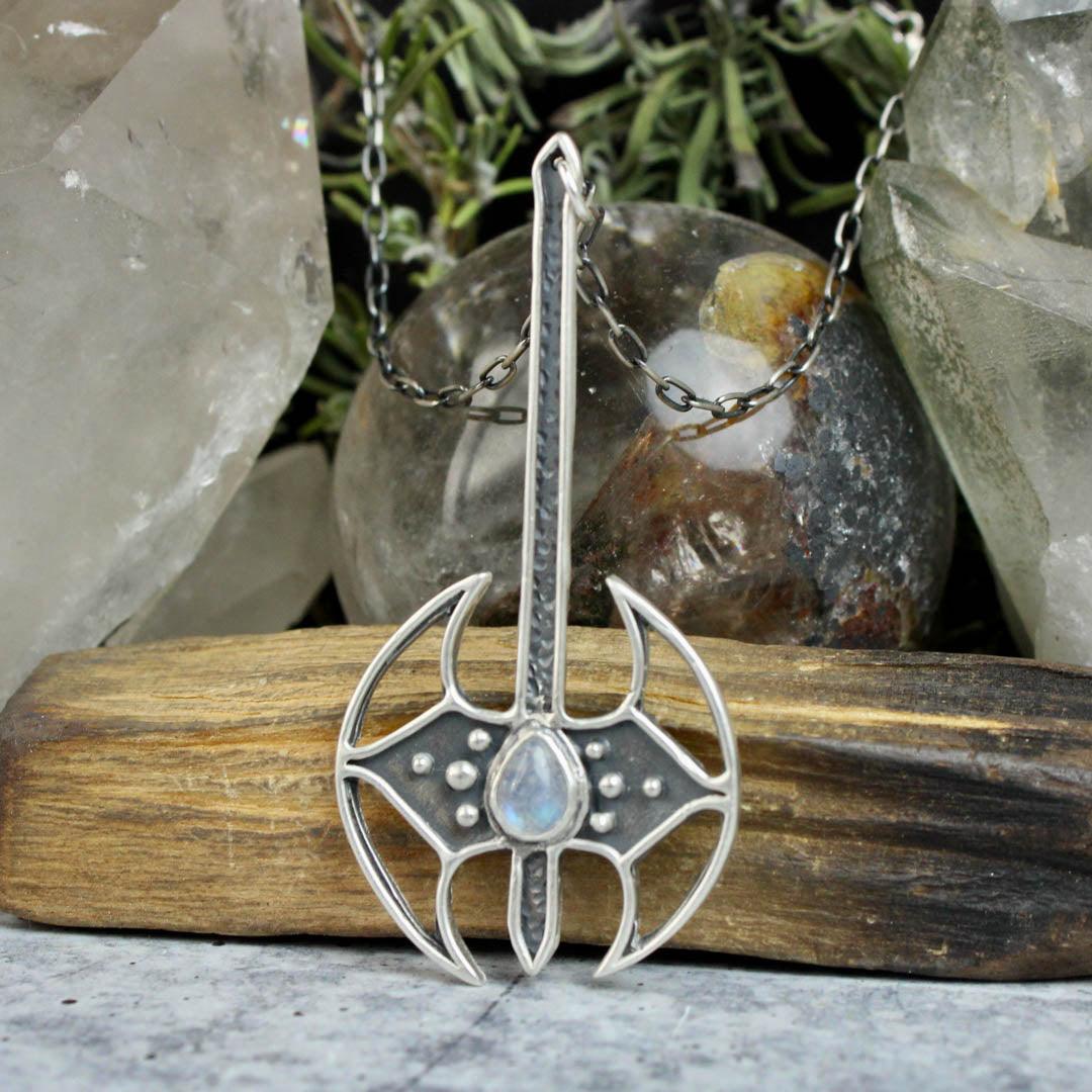 Battle Axe Necklace // Rainbow Moonstone - Acid Queen Jewelry