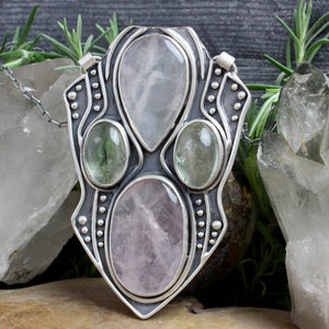 Empress Chest Shield Necklace // Rose Quartz and Green Quartz - Acid Queen Jewelry