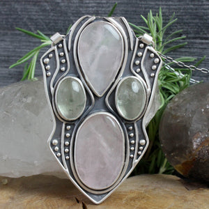Empress Chest Shield Necklace // Rose Quartz and Green Quartz - Acid Queen Jewelry