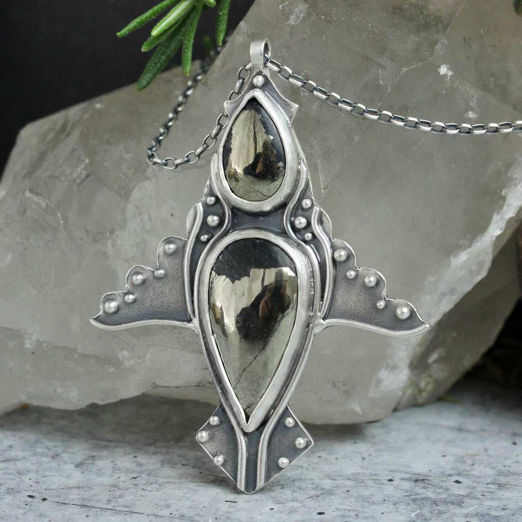 Winged Voyager Necklace // Double Pyrite - Acid Queen Jewelry