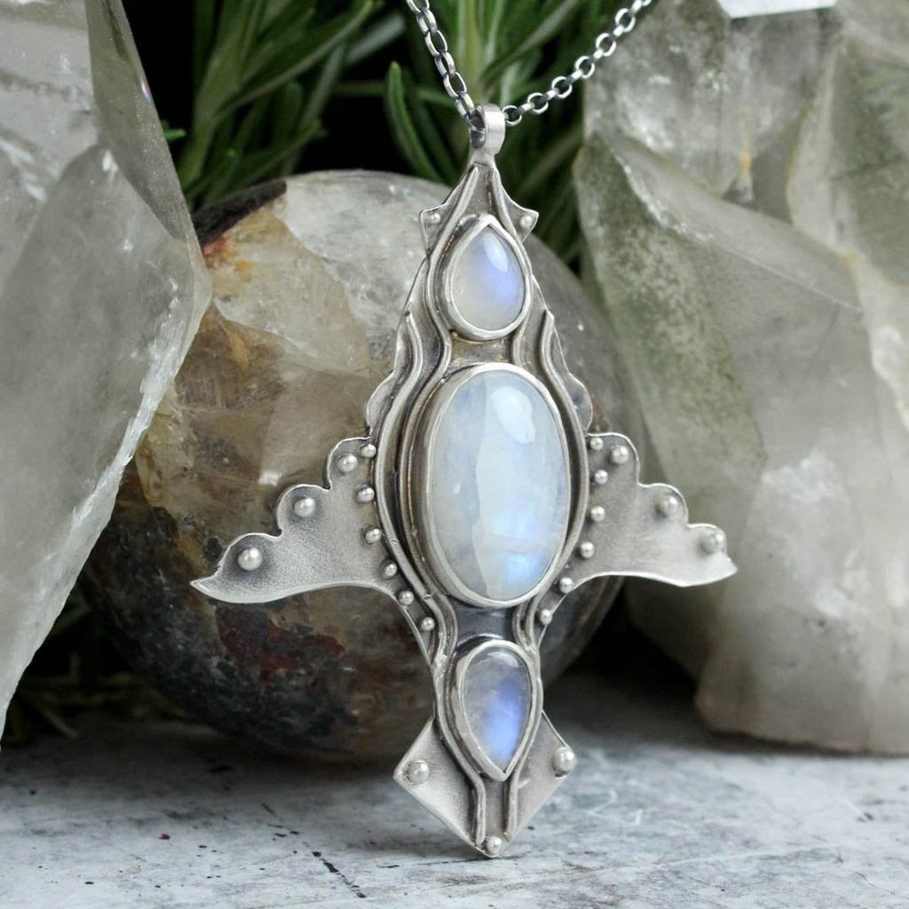 Winged Voyager Necklace // Triple Rainbow Moonstone - Acid Queen Jewelry