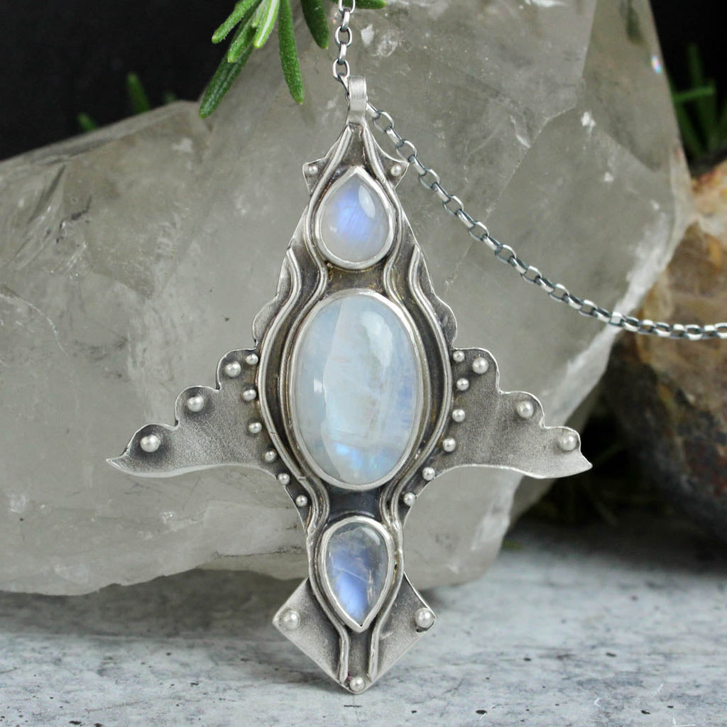 Winged Voyager Necklace // Triple Rainbow Moonstone - Acid Queen Jewelry