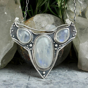 Voyager Chest Shield Necklace // Triple Rainbow Moonstone