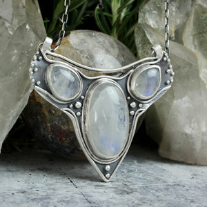 Voyager Chest Shield Necklace // Triple Rainbow Moonstone