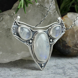 Voyager Chest Shield Necklace // Triple Rainbow Moonstone