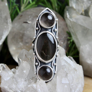 Warrior Shield Ring // Triple Smoky Quartz - Size 8 - Acid Queen Jewelry
