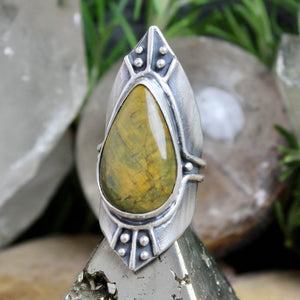 Warrior Shield Ring // Rainforest Rhyolite - Size 9 - Acid Queen Jewelry