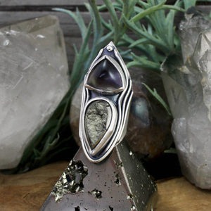 Warrior Double Stone Shield Ring //  Pyrite and Fluorite- SIZE 9 - Acid Queen Jewelry