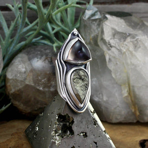 Warrior Double Stone Shield Ring //  Pyrite and Fluorite- SIZE 9 - Acid Queen Jewelry