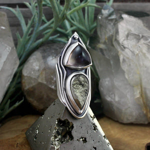 Warrior Double Stone Shield Ring //  Pyrite and Fluorite- SIZE 9 - Acid Queen Jewelry
