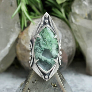 Warrior Shield Ring //  Moss Agate- Size 9