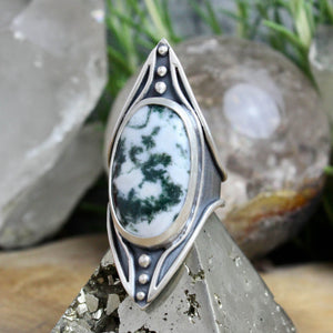 Warrior Shield Ring // Moss Agate - Size 10.5 - Acid Queen Jewelry