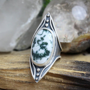 Warrior Shield Ring // Moss Agate - Size 10.5 - Acid Queen Jewelry