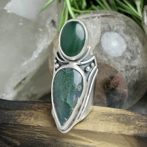 Warrior Shield Ring // Jade + Moss Agate- Size 7
