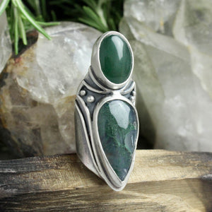 Warrior Shield Ring // Jade + Moss Agate- Size 7