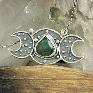Triple Moon Goddess Voyager Necklace //  Emerald