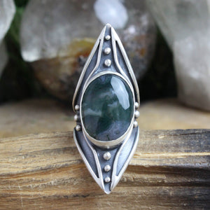 Warrior Shield Ring // Moss Agate - Size 8 - Acid Queen Jewelry