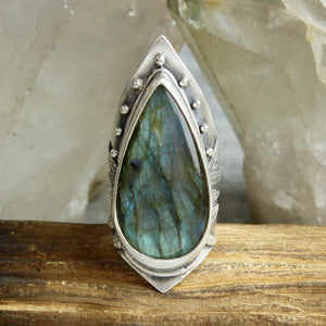Warrior Botanical Shield Ring // Labradorite- Size 9
