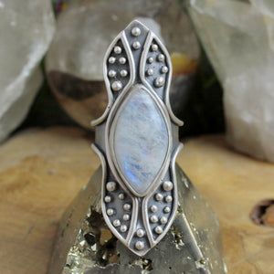 Warrior Shield Ring // Rainbow Moonstone - Size 10 - Acid Queen Jewelry