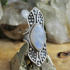 Warrior Shield Ring // Rainbow Moonstone - Size 10 - Acid Queen Jewelry