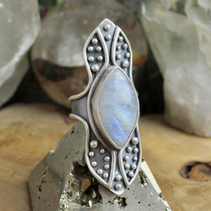 Warrior Shield Ring // Rainbow Moonstone - Size 10 - Acid Queen Jewelry