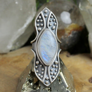 Warrior Shield Ring // Rainbow Moonstone - Size 10 - Acid Queen Jewelry
