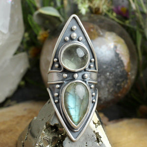 Warrior Shield Ring //  Green Quartz + Labradorite - Size 9 - Acid Queen Jewelry
