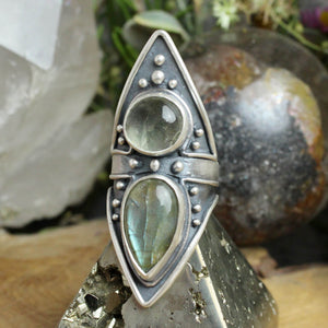 Warrior Shield Ring //  Green Quartz + Labradorite - Size 9 - Acid Queen Jewelry