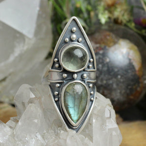 Warrior Shield Ring //  Green Quartz + Labradorite - Size 9 - Acid Queen Jewelry