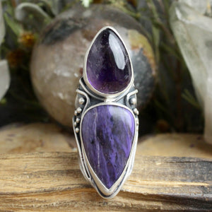 Warrior Shield Ring // Charoite + Amethyst - Size 8