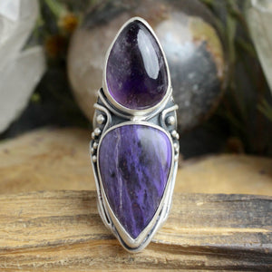 Warrior Shield Ring // Charoite + Amethyst - Size 8