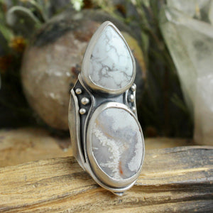 Warrior Shield Ring // Howlite + Lace agate - Size 10.5