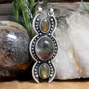 Triple Moon Voyager Pendant // Lodolite  & Labradorite - Acid Queen Jewelry