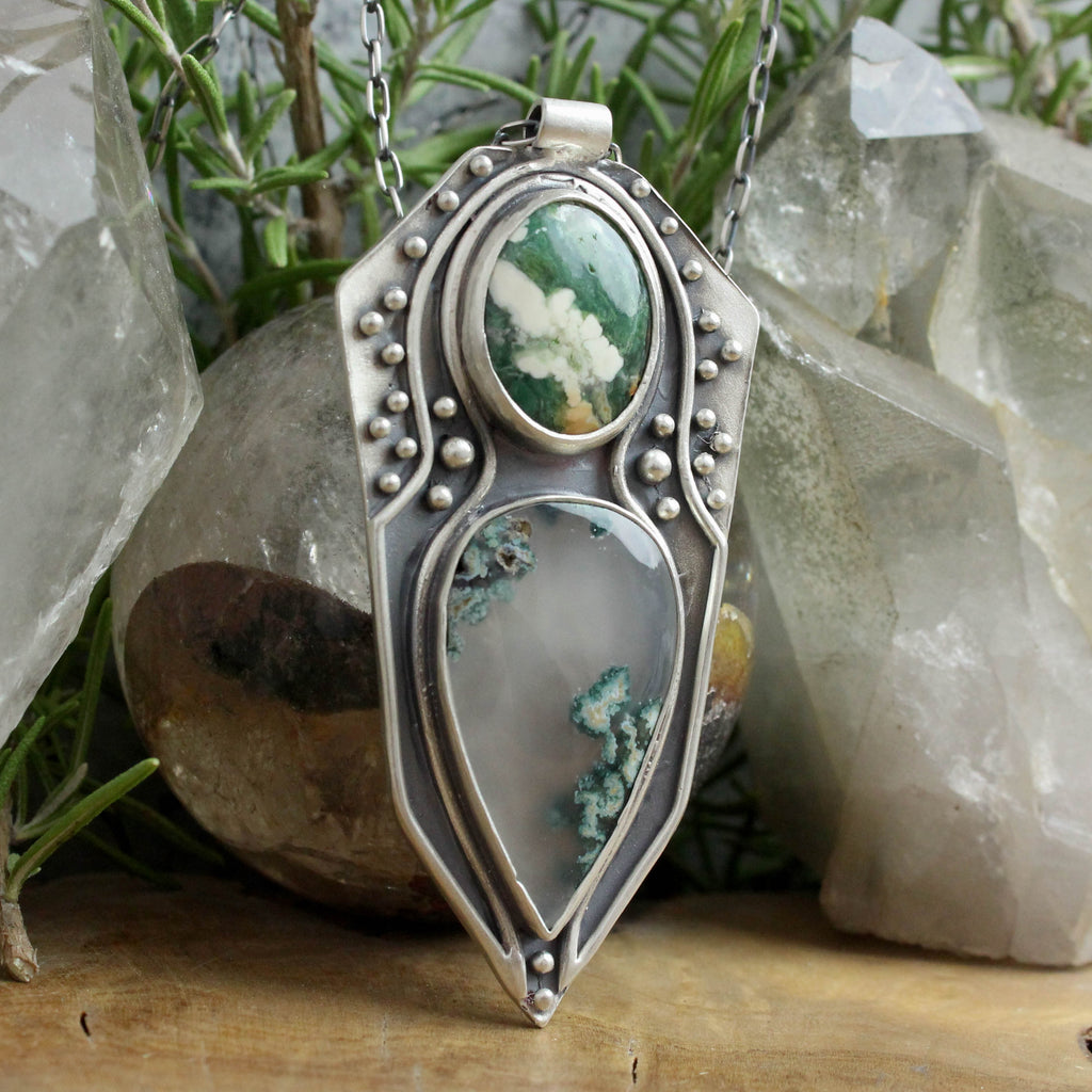 Voyager Shield Necklace // Double Moss Agate - Acid Queen Jewelry