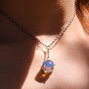 Sorceress Crystal Ball Lariat Necklace- Opalite - Antiqued