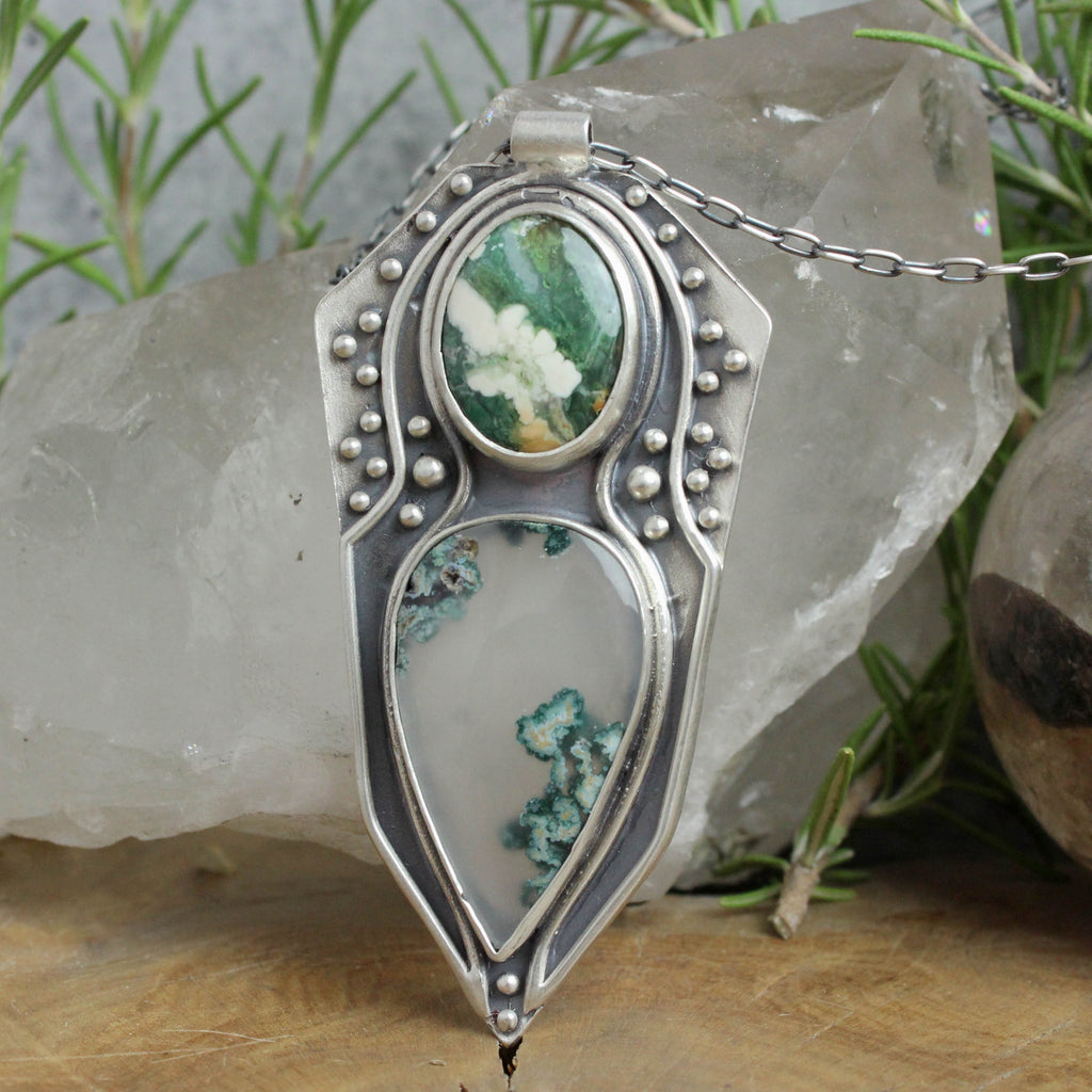 Voyager Shield Necklace // Double Moss Agate - Acid Queen Jewelry