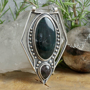 Voyager Shield Necklace // Moss Agate + Lodolite
