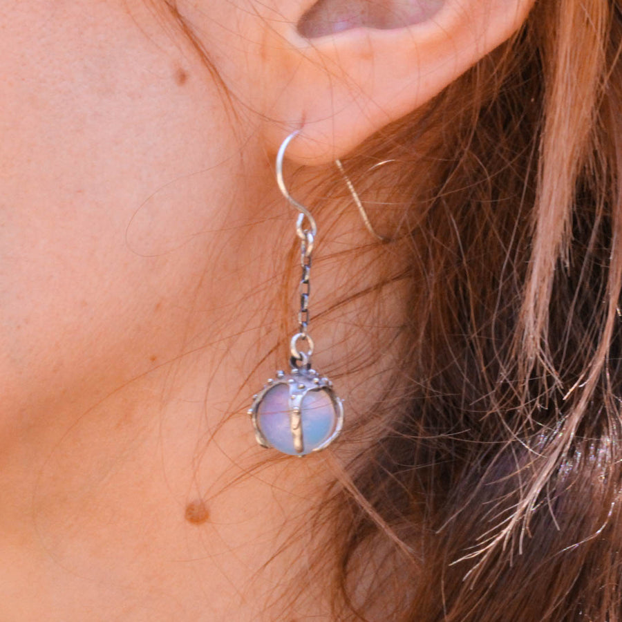 Sorceress Crystal Ball Earrings - Opalite - Antiqued