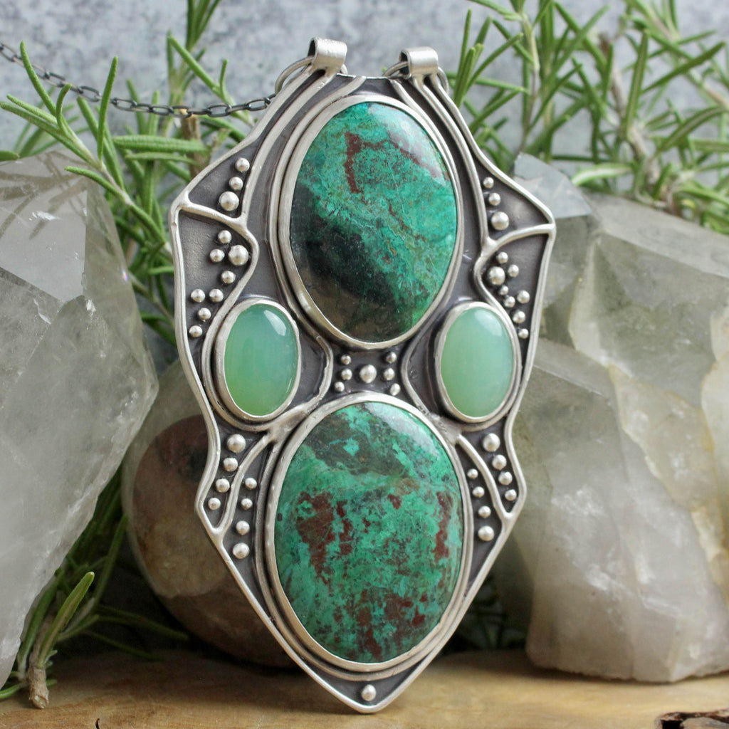 Empress Chest Shield Necklace // Chrysocolla and Chrysoprase - Acid Queen Jewelry