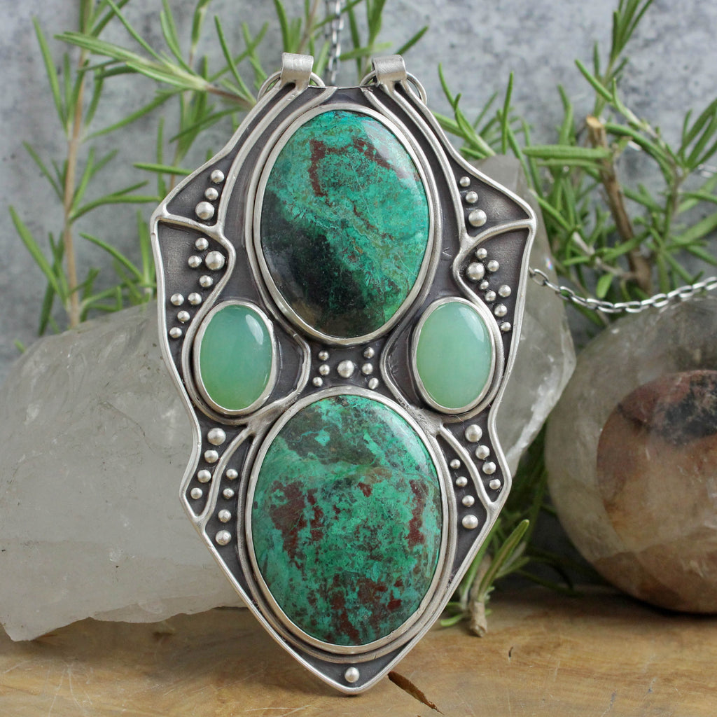 Empress Chest Shield Necklace // Chrysocolla and Chrysoprase - Acid Queen Jewelry