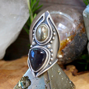 Warrior Shield Ring // Iolite Sunstone and Pyrite- Size 9.5 - Acid Queen Jewelry