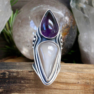 Warrior Shield Ring // Peach Moonstone and Amethyst- Size 8 - Acid Queen Jewelry