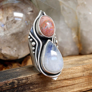 Warrior Shield Ring // Mexican Fire Opal and Moonstonel - Size 7 - Acid Queen Jewelry
