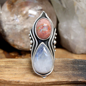 Warrior Shield Ring // Mexican Fire Opal and Moonstonel - Size 7 - Acid Queen Jewelry