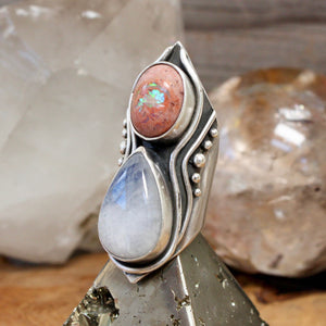 Warrior Shield Ring // Mexican Fire Opal and Moonstonel - Size 7 - Acid Queen Jewelry